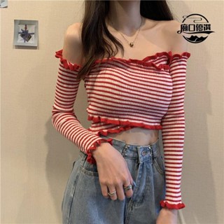 🛒臺灣出貨🛒萬條紋小眾針織辣妹一字肩上衣修身秋季短款長袖主播外穿露臍恤女 ck800603