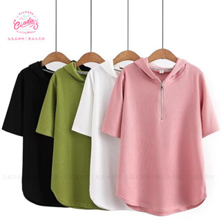 【XL~8XL】夏大碼女裝韓版簡約上衣150KG胖mm寬鬆彈力百搭顯瘦連帽短袖T恤衫【元氣衣研所】