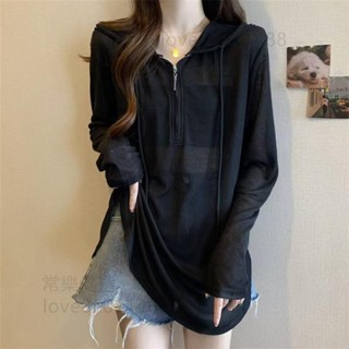 【本店熱賣】胖mm大碼夏季薄款罩衫防曬t恤女長袖寬鬆顯瘦黑色連帽中長款上衣