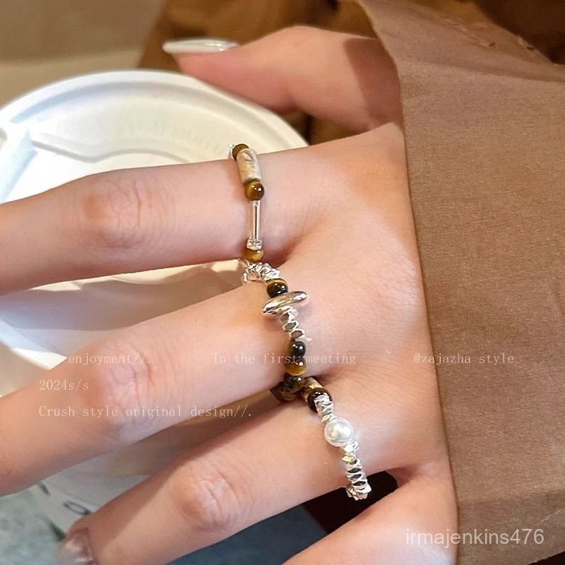 免運 臺灣出貨 個性戒指 【佩戴舒適】美拉德戒指虎眼石拚接戒指氛圍感可調節古著vintage戒指高級感 9VDP