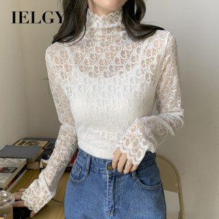 IELGY 蕾絲打底衫女長袖鏤空韓版半高領網眼上衣