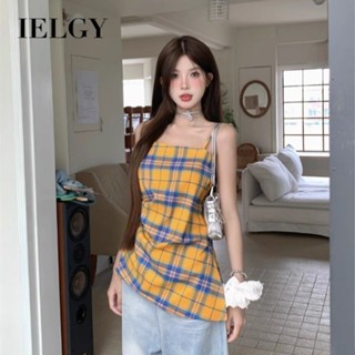 IELGY 美式辣妹撞色格子吊帶背心女夏季不規則百褶外穿無袖上衣
