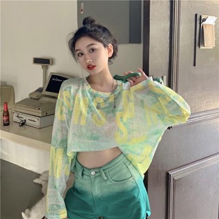IELGY 紮染長袖t恤圓領休閒女夏季新款防曬上衣寬鬆上衣