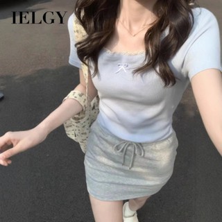 IELGY蕾絲短袖t恤女藍色甜美上衣
