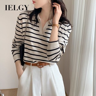 IELGY V領條紋針織打底衫polo長袖女秋季新款寬鬆通勤百搭外穿上衣