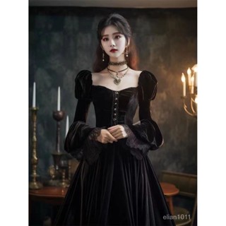 秋季 穿搭高階感小黑裙宮廷風複古黑色絲絨禮服高階精緻絶美連衣 裙 RWDI