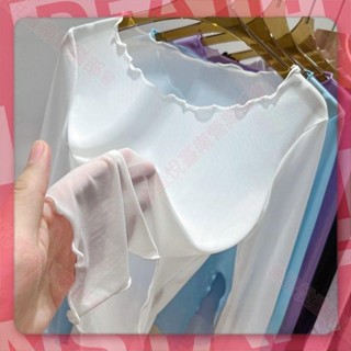 臺灣發出♕冰絲網紗打底衫女夏內搭防曬長袖T恤洋氣木耳邊性感薄紗透視上衣內搭上衣網紗上衣透膚上衣薄紗上衣女生