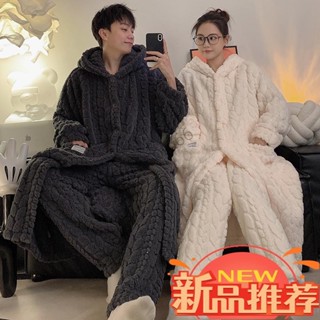 店長推薦🔥珊瑚絨浴袍保暖秋冬睡袍大尺碼男睡衣秋冬刷毛睡衣[D1117]珊瑚絨睡袍冬款女加厚長款情侶睡衣男士連帽法蘭絨浴