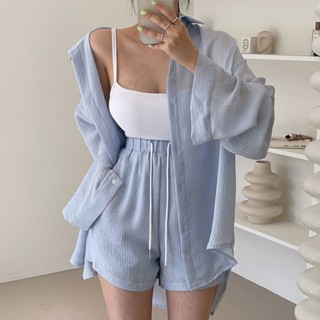 【YW】韓國chic夏季套裝女 慵懶風翻領寬鬆防曬襯衫+高腰係帶闊腿短褲 兩件式短褲套裝 女生套裝 女裝