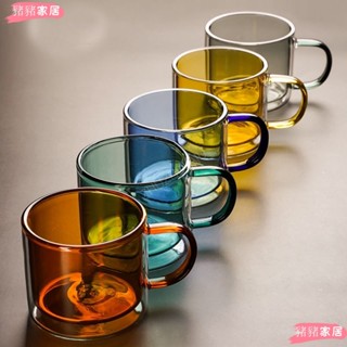 品質保障*（可磨砂訂製logo）雙層玻璃水杯 彩色玻璃杯 帶手柄茶杯 耐熱咖啡杯 家用飲料杯 果汁杯 早餐杯 生日禮物y