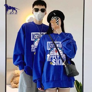阿豹🔥 圓領上衣 寬松慵懶風情侶春秋薄款新款卡通克萊因藍哆啦A夢圓領衛衣12 長袖上衣男 薄款上衣 韓版上衣男