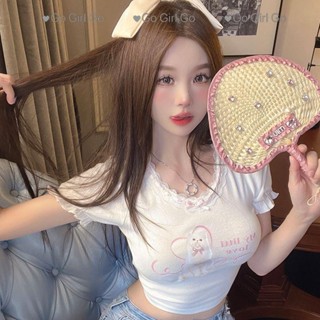 Go Girl Go 短版上衣女 美式純欲風蕾絲拼接泡泡袖短袖T恤 Y2K純欲風露臍顯瘦辣妹裝 短款設計感微辣日常穿搭