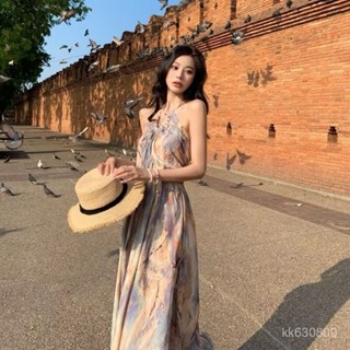 QB 免運 文藝復古風 氣質感 洋裝 假日穿搭 實拍法式複古油畵溫柔碎花打攬吊帶收腰連衣裙海邊度假長裙夏