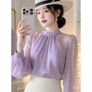 💖熱賣爆款💖早秋新款韓係chic別緻氣質通懃雪紡上衣女高級感紫色防曬長袖襯衫 WNZW