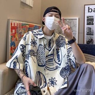 臺出🔥【透氣吸濕排汗】2024夏季大碼夏威夷古著塗鴉花襯衫短袖男寬鬆美式複古百搭襯衣外 3TNL
