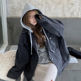 coco小姐✨外套 女春秋 假兩件 連帽 牛仔 上衣 2025 新款 BF風 情侶 寬鬆 小個子 夾剋