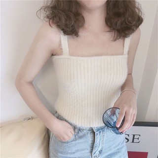 👩‍🦰🎈臺灣發貨🎆🎇 女生小可愛 小平口背心 細肩帶 條紋吊帶背心 固定杯 仿水貂毛絨平口小吊帶背心女內搭保暖