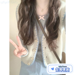 🎶小鈴音Isletune🔔推薦🔔背心外套針織馬甲外搭馬甲馬甲背心坎肩針織馬甲毛衣女套裝春秋V領撞色蝴蝶結日係溫柔甜