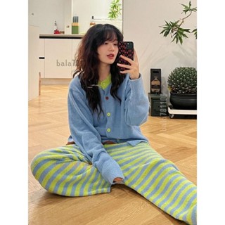 【臺灣出庫】韓版高階睡衣 簡約條紋睡衣 半邊絨睡衣女 冬季睡衣 加厚睡衣 珊瑚絨睡衣 毛絨睡衣 少女家居服 睡衣套裝
