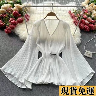 Umi🚗限時免運歐美ins上衣女設計感小眾喇叭袖重工壓褶收腰顯瘦氣質百搭雪紡衫