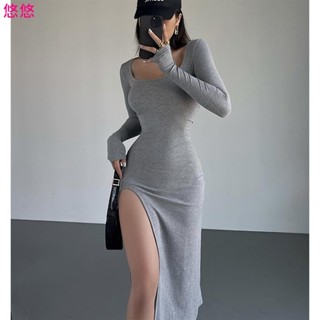 😘悠悠🎀歐美風性感緊身洋裝 顯瘦大圓領長袖洋裝連衣裙 螺紋棉側開叉洋裝 包臀裙 打底裙女生中長款洋裝 一步裙 氣質女
