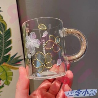 【限時下殺】星巴克 355ml 櫻花 金色 勾線 玻璃杯 彩鑽 把手 馬克杯 咖啡杯 水杯子 桌面杯