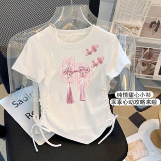 【臺灣出貨】女童短袖T恤女夏裝抽繩新中式薄款洋氣卡通兒童上衣女孩中大童夏季短袖上衣韓版兒童夏裝