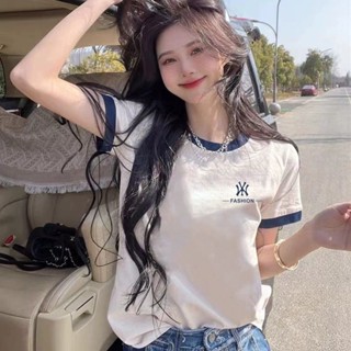 嘉義出貨♕短袖t恤女 正肩純棉撞色短袖上衣女 夏季薄款寬鬆顯瘦上衣 半袖t恤 ins潮流女裝 夏天衣服