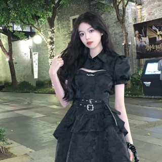【洋裝專賣店+免運】搖滾甜心 芭蕾風公主黑色吊帶裙小個子連衣裙甜辣坎肩小黑裙套裝