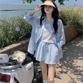♥♥臺灣限時低價♥♥【6759人收藏】韓系套裝女夏季寬松防曬長袖襯衫字母吊帶背心抽繩休閑短褲三件套