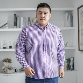大尺碼長袖襯衫 藍色襯衫 格子襯衫 花襯衫 白色襯衫 春秋加肥加大碼長袖格子襯衫胖子男士彈力條紋寬鬆商務休閒襯衣
