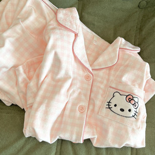 小柴兔~ins風甜美格子Kitty貓睡衣女秋冬款德絨保暖磨毛可愛美少女居家服