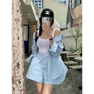 小可家韓國chic夏季甜美減齡寬鬆百搭係帶長袖襯衫+高腰闊腿褲短褲套裝 夏季套裝 休閒套裝