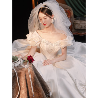 緞麵婚紗2025新款新娘結婚禮服高階感法式複古高階宮廷風拖尾主紗