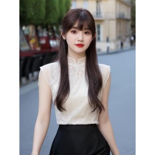 新中式女裝杏色無袖襯衫夏季小眾設計感t恤洋氣獨特別致旗袍上衣 無袖背心 新中式背心 國風無袖上衣 顯瘦吊帶背心 吊帶上衣