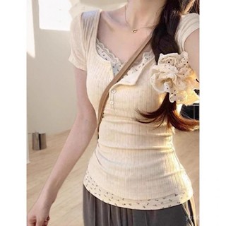 夏季榜一✨純慾碎花蕾絲兩件短袖夏季2025T恤新款修身顯瘦辣妹短款上衣 T2QT