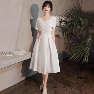 WIT#宴會禮服❤️甜妹辣妹名媛宴會一字肩白色小晚禮服平時可穿訂婚連衣裙大氣主持人領證登記小白裙洋裝生日