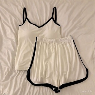 【臺灣出貨】夏天睡衣 女生睡衣 涼感睡衣 吊帶睡衣 睡衣套裝帶胸墊睡衣 冰絲睡衣 胸墊睡衣吊帶背心 居家服 女睡衣