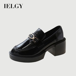 IELGY 金屬鏈條厚底樂福鞋女式黑色復古英式皮鞋一腳蹬