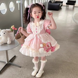 XL 女童公主裙 甜美可愛 洋氣 女童禮服女童洛麗塔粉色蓬蓬公主裙短袖周歲女寶寶禮服洋裝宮廷風連衣裙