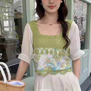 碎花短袖女上衣 休閒百搭 法式復古方領蕾絲刺繡襯衫女寬松鏤空拼接雪紡短袖襯衣小衫碎花