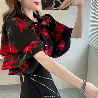碎花短袖女上衣 休閒百搭 設計感荷葉邊碎花上衣女 短袖甜美藍色襯衫女 寬松大碼花襯衣