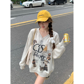 TK熱門✈（免運）美式復古小狗印花v領長袖衛衣女裝秋季寬鬆顯瘦灰色休閒純棉上衣