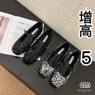 免運實拍🌺增高 大碼 百搭ins 韓版法式瑪麗珍女鞋2025春新款淺口單鞋女配裙子閃閃亮片內增高平底鞋
