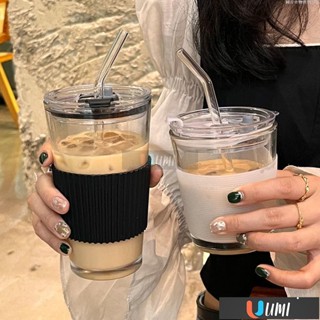 🔥Umi珍選🔥ins簡約玻璃吸管杯韓系夏季早餐杯學生便攜咖啡杯帶蓋辦公室水杯