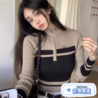 🎶Isletune🔔推薦🔔保暖外套短闆內搭披肩學院風高領發熱衣毛衣外套薄外套T恤長袖上衣美式辣妹高領拚接半拉鏈撞色