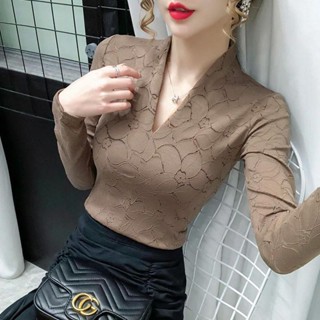 🚚好財運 熱銷 薄款/加絨深v領蕾絲打底衫女裝長袖內搭洋氣秋冬新款修身網紗上衣