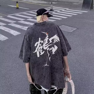 純棉240g重磅水洗做舊寬鬆短袖t恤 印花高品質oversize美式復古寬鬆圓領 嘻哈 大尺碼 五分袖短T（HMX62）