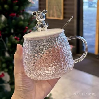 錘紋小熊玻璃杯咖啡杯簡約ins風水杯女把手杯帶蓋早餐杯透明杯子