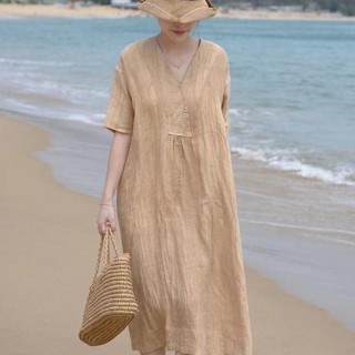 【免運】外貿出口夏藝文大尺碼慵懶風寬鬆顯瘦中長款棉麻短袖飄逸洋裝